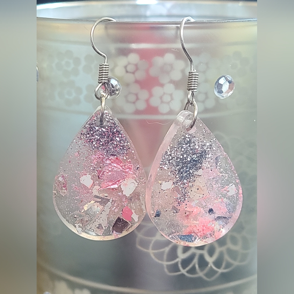 Pink and Silver Teardrop Earrings